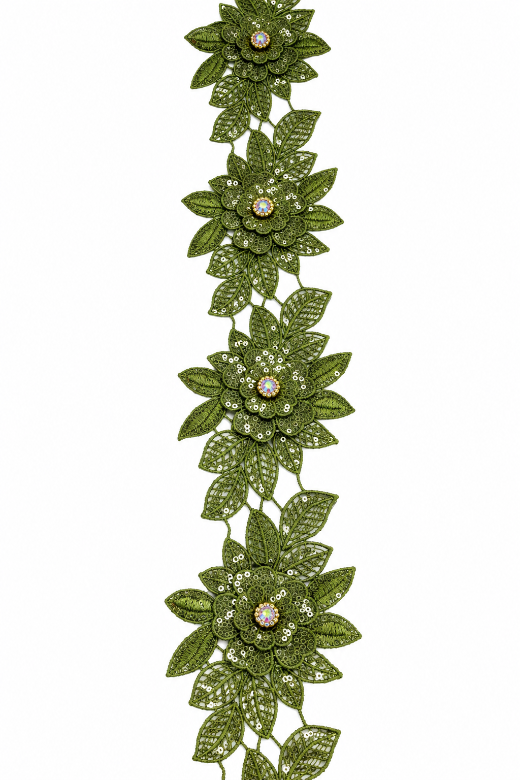 Olive Green 3D Floral Lace Trim with Sequins & Rhinestones – By the Yard