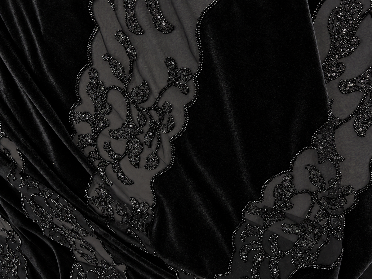 Black Beaded Velvet Fabric with Sheer Mesh – Sold by the Yard