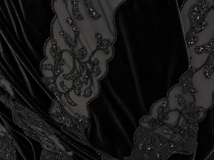 Black Beaded Velvet Fabric with Sheer Mesh – Sold by the Yard
