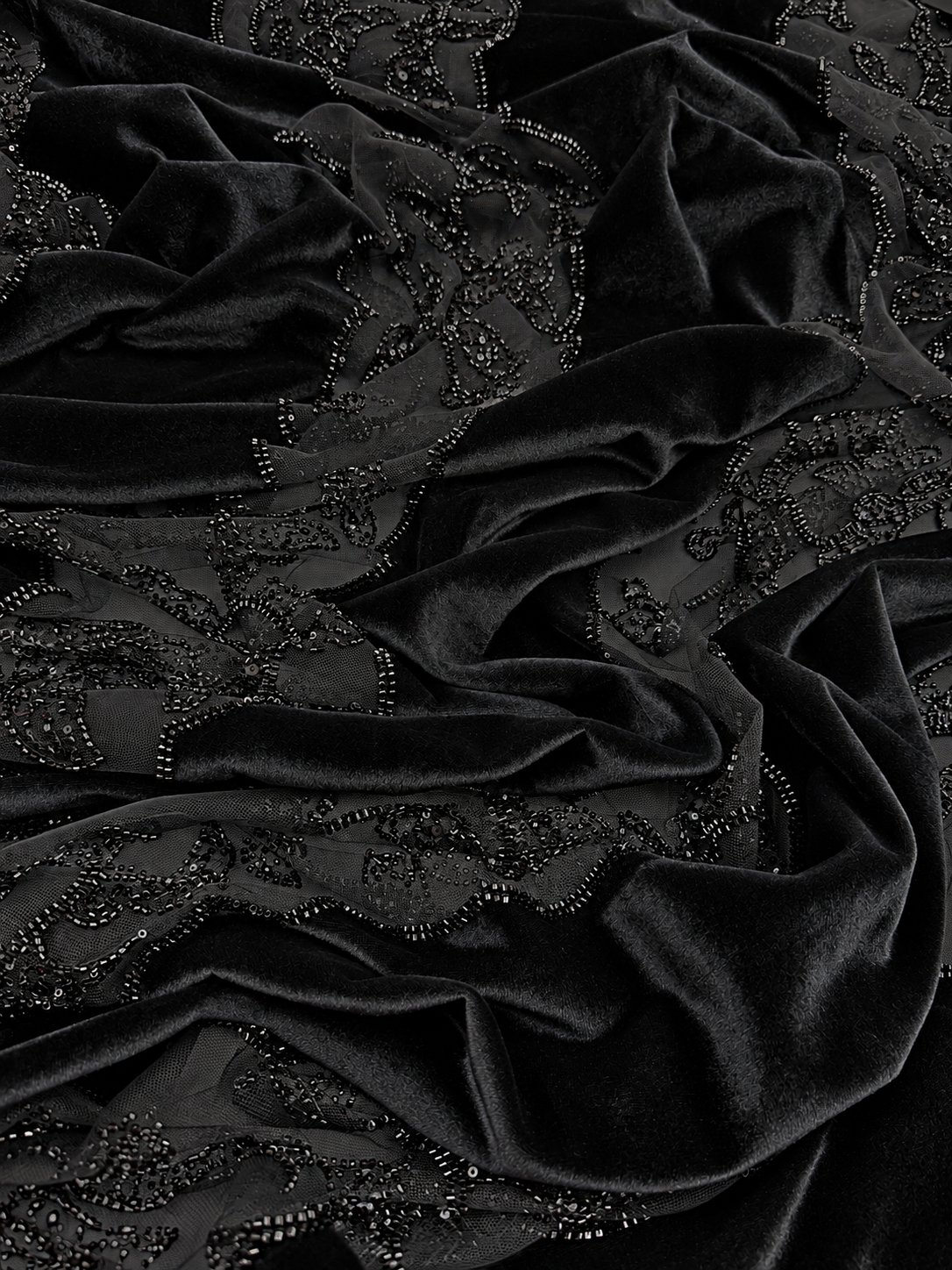 Black Beaded Velvet Fabric with Sheer Mesh – Sold by the Yard