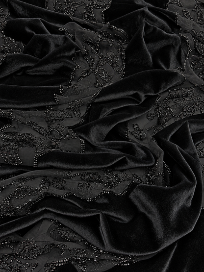 Black Beaded Velvet Fabric with Sheer Mesh – Sold by the Yard