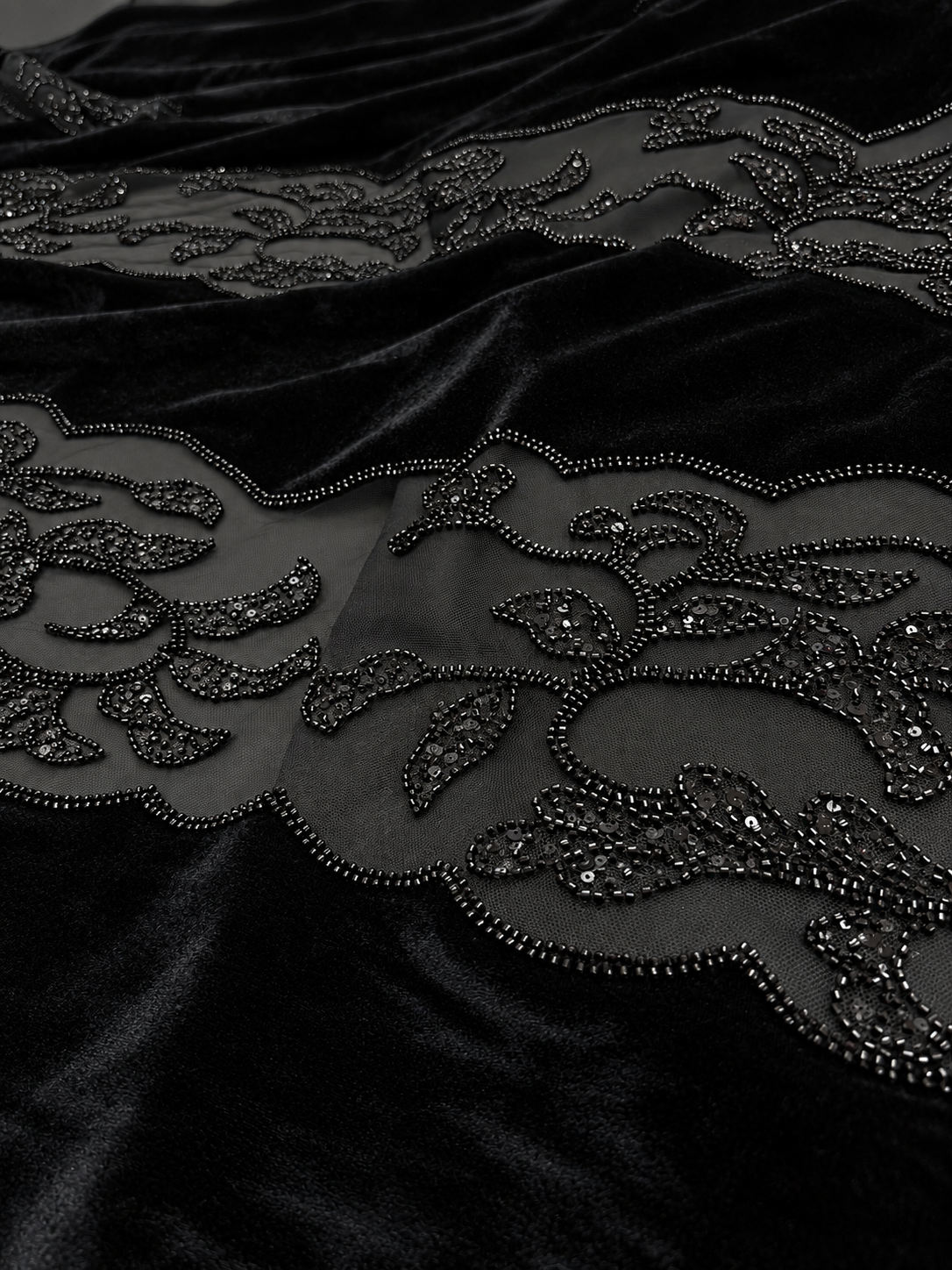 Black Beaded Velvet Fabric with Sheer Mesh – Sold by the Yard