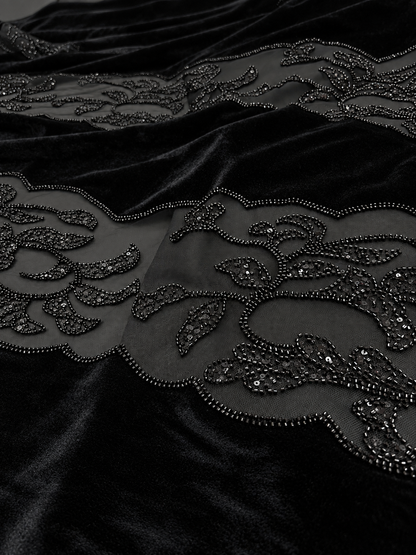 Black Beaded Velvet Fabric with Sheer Mesh – Sold by the Yard