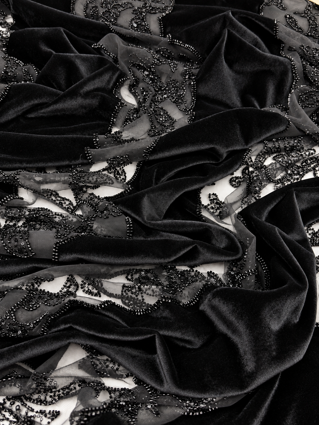 Black Beaded Velvet Fabric with Sheer Mesh – Sold by the Yard