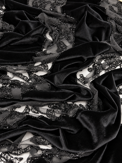 Black Beaded Velvet Fabric with Sheer Mesh – Sold by the Yard
