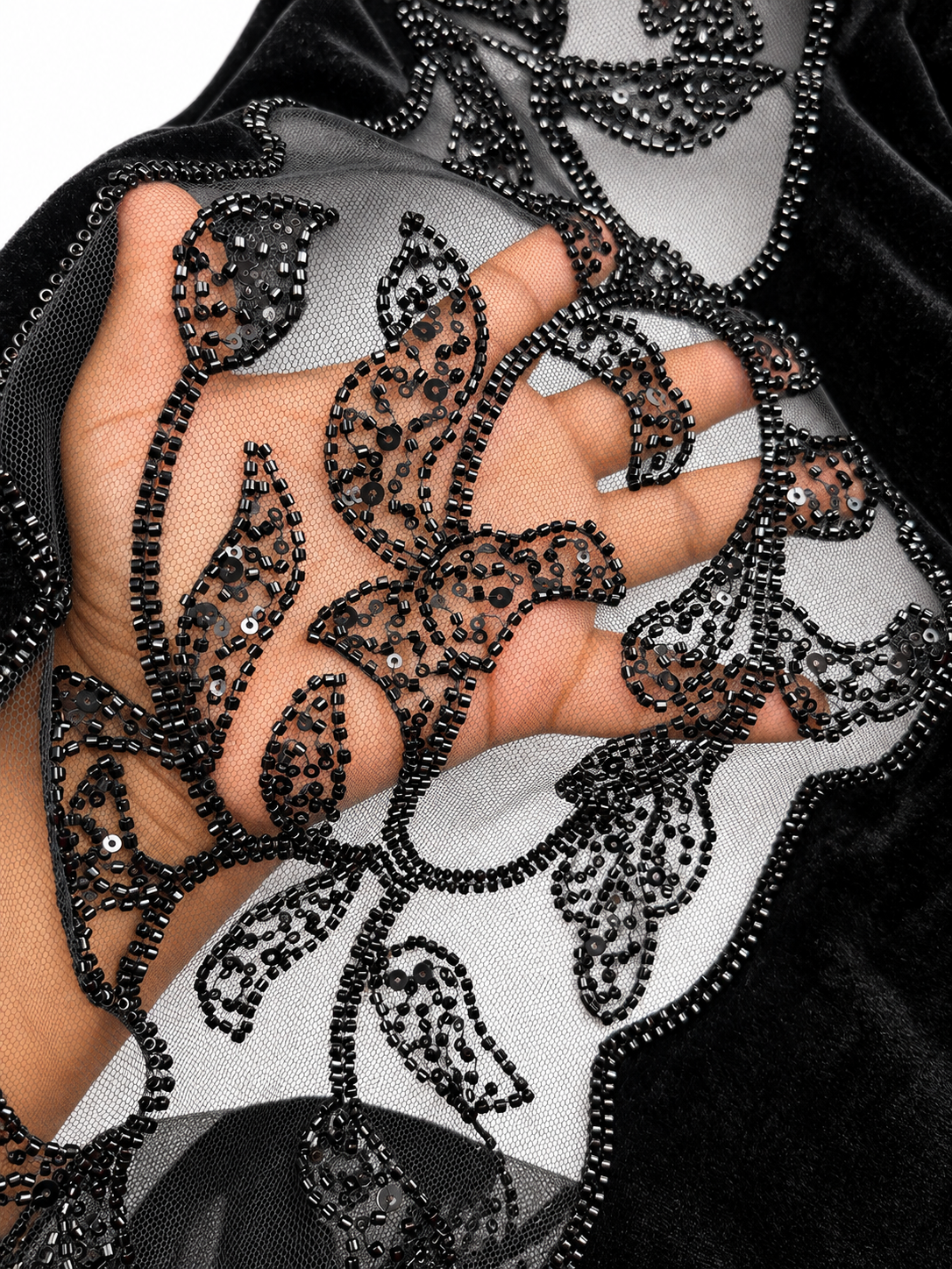 Black Beaded Velvet Fabric with Sheer Mesh – Sold by the Yard