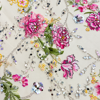 Luxury Pink 3D Floral Embroidered Sequin Lace Fabric – 58/60” Wide – Sold by the Yard