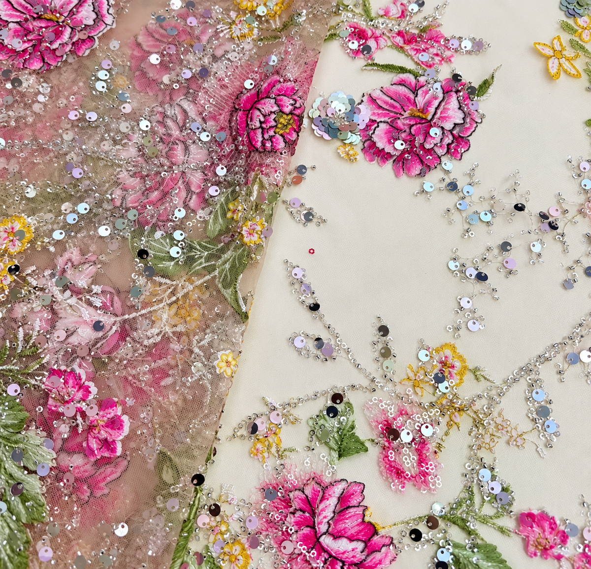 Luxury Pink 3D Floral Embroidered Sequin Lace Fabric – 58/60” Wide – Sold by the Yard