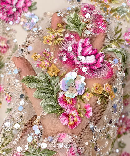 Luxury Pink 3D Floral Embroidered Sequin Lace Fabric – 58/60” Wide – Sold by the Yard