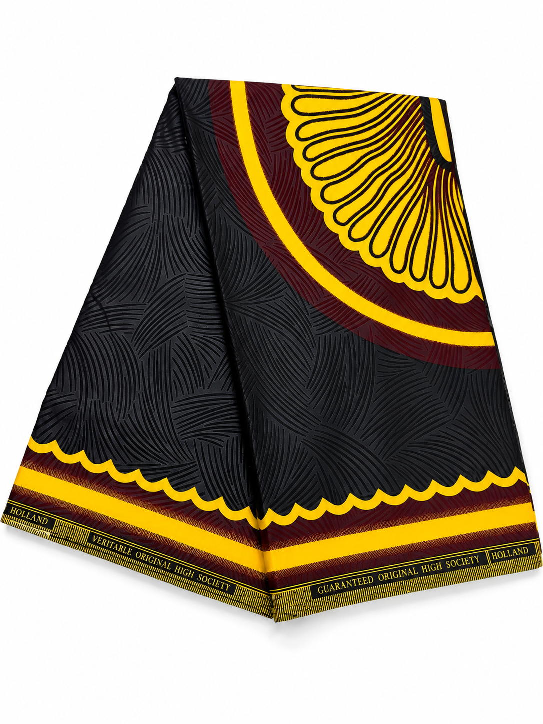 Original High Society African Wax Print – Black, Yellow & Burgundy – 6 Yards