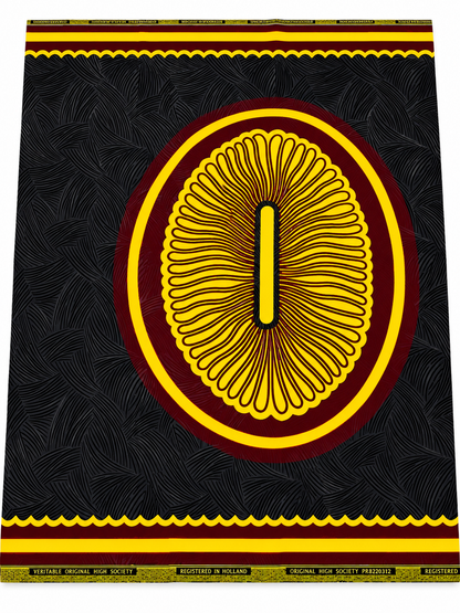 Original High Society African Wax Print – Black, Yellow & Burgundy – 6 Yards