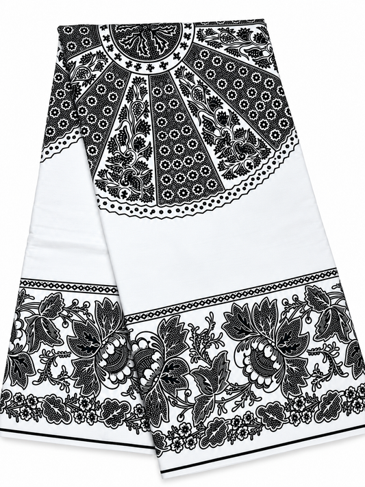Black & White African Print Fabric – Circular Floral Design