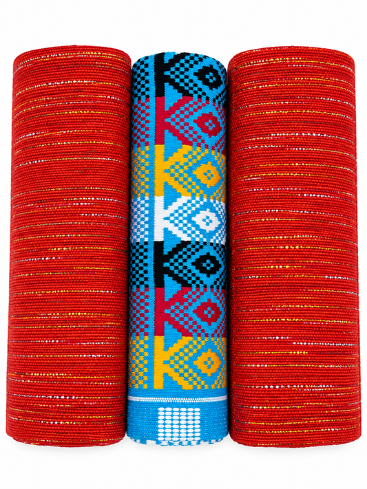 Authentic Handwoven Kente Fabric – Red & Multicolor – 6 Yards