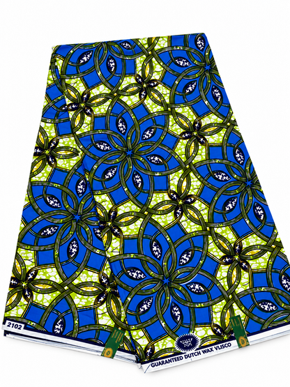 Royal Blue & Lime Interlocking Floral African Wax Print – 6 Yards