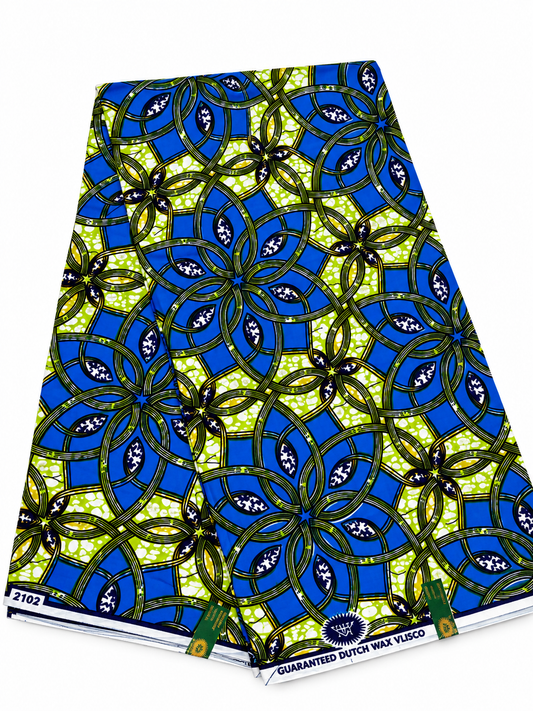 Royal Blue & Lime Interlocking Floral African Wax Print – 6 Yards