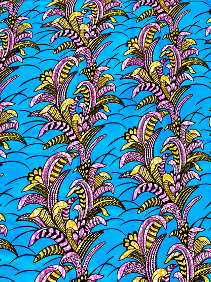 Blue, Pink & Gold African Print Fabric – 100% Cotton Ankara Wax Print | 6 Yards