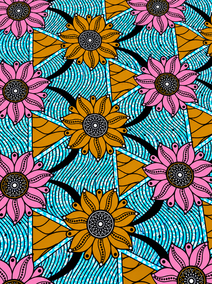 Blue, Pink & Gold Floral African Print Fabric – 100% Cotton Ankara Wax Print | 6 Yards