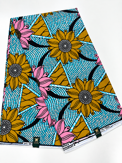 Blue, Pink & Gold Floral African Print Fabric – 100% Cotton Ankara Wax Print | 6 Yards