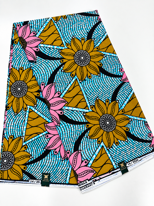 Blue, Pink & Gold Floral African Print Fabric – 100% Cotton Ankara Wax Print | 6 Yards