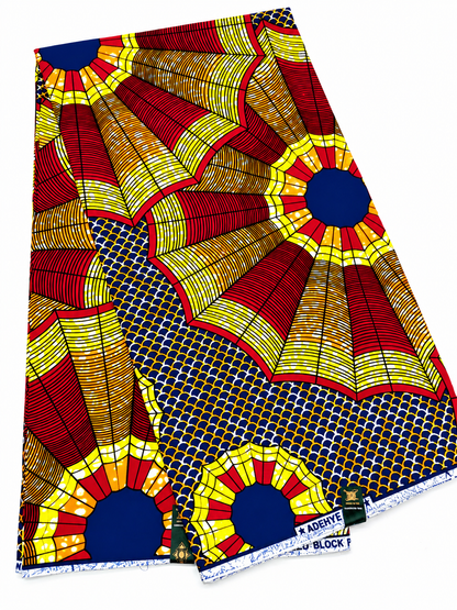 Red, Navy Blue & Gold African Print Fabric – 100% Cotton Ankara Wax | 6 Yards