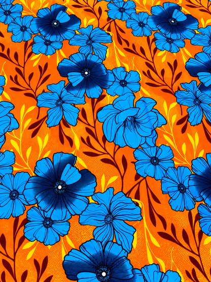 Orange & Blue Floral African Print Fabric – 100% Cotton Ankara Wax | 6 Yards
