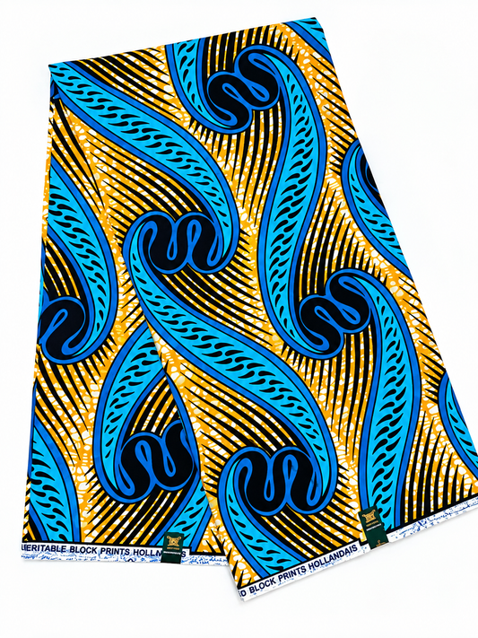 Blue & Gold African Print Fabric – Bold Swirl Ankara Wax Print | 6 Yards
