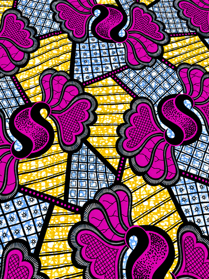 Pink, Yellow & Blue African Print Fabric – Bold Ankara Wax Print | 6 Yards