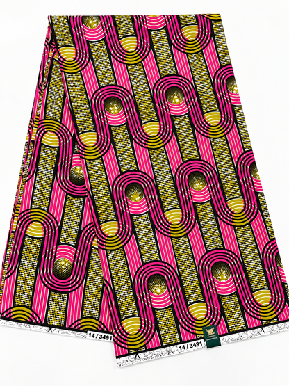 Pink & Gold African Print Fabric – Geometric Ankara Wax Print | 6 Yards