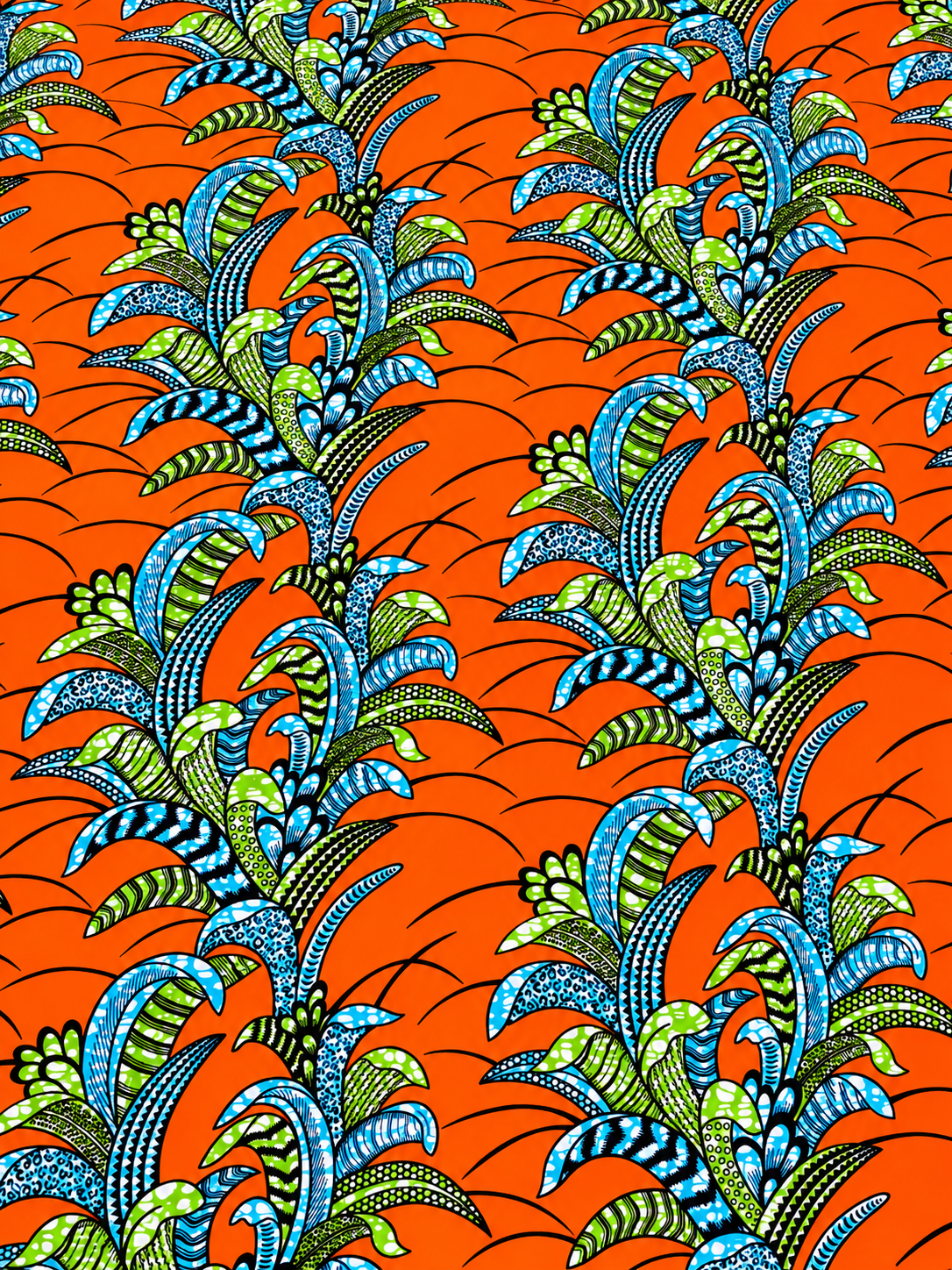 Orange, Blue & Green African Print Fabric – Tropical Leaf Ankara Wax Print | 6 Yards