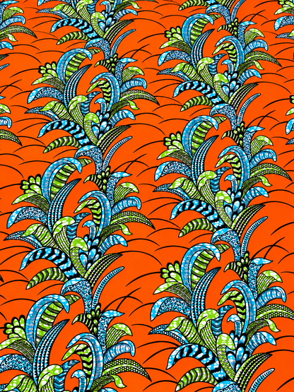 Orange, Blue & Green African Print Fabric – Tropical Leaf Ankara Wax Print | 6 Yards