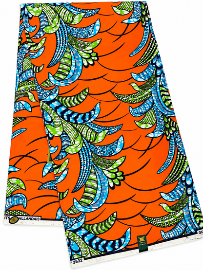 Orange, Blue & Green African Print Fabric – Tropical Leaf Ankara Wax Print | 6 Yards
