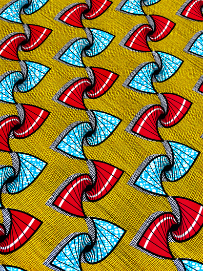 Yellow, Red & Blue African Print Fabric – Abstract Fan Ankara Wax Print | 6 Yards