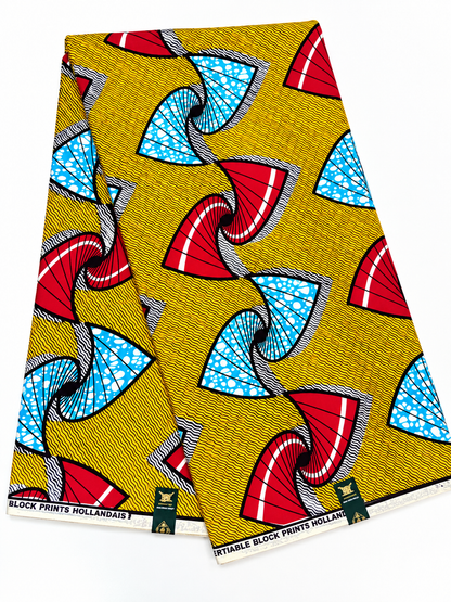 Yellow, Red & Blue African Print Fabric – Abstract Fan Ankara Wax Print | 6 Yards