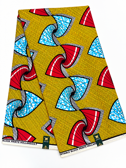Yellow, Red & Blue African Print Fabric – Abstract Fan Ankara Wax Print | 6 Yards