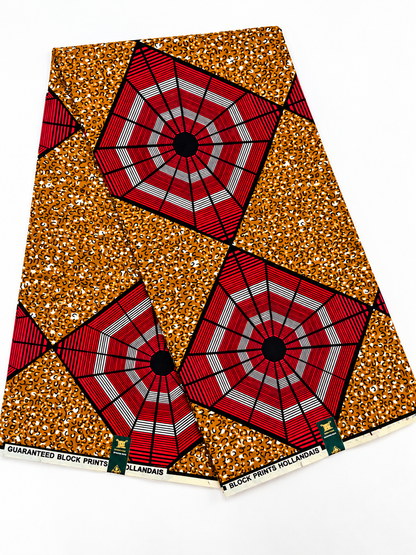 Red & Golden Brown African Print Fabric – Bold Geometric Ankara Wax Print | 6 Yards