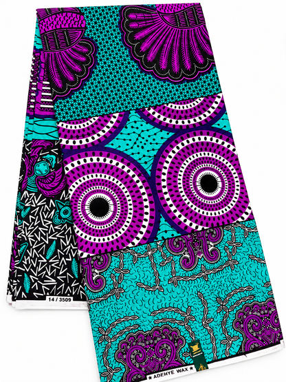 Turquoise & Purple African Print Fabric – Mixed Traditional Motif Ankara | 6 Yards