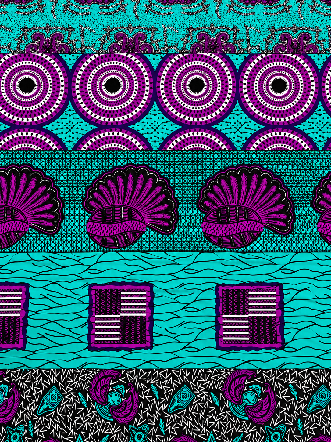 Turquoise & Purple African Print Fabric – Mixed Traditional Motif Ankara | 6 Yards