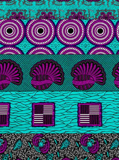 Turquoise & Purple African Print Fabric – Mixed Traditional Motif Ankara | 6 Yards