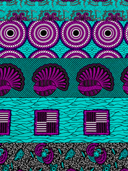 Turquoise & Purple African Print Fabric – Mixed Traditional Motif Ankara | 6 Yards
