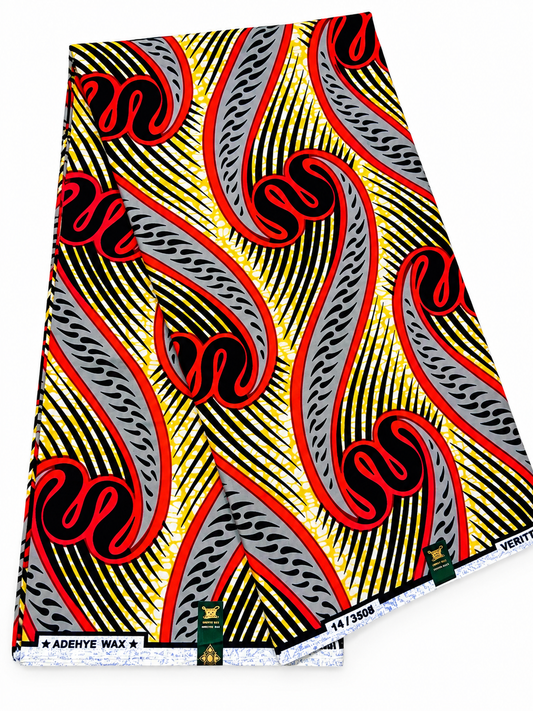 Red, Yellow & Gray African Print Fabric – Swirl Ankara Wax Print | 6 Yards