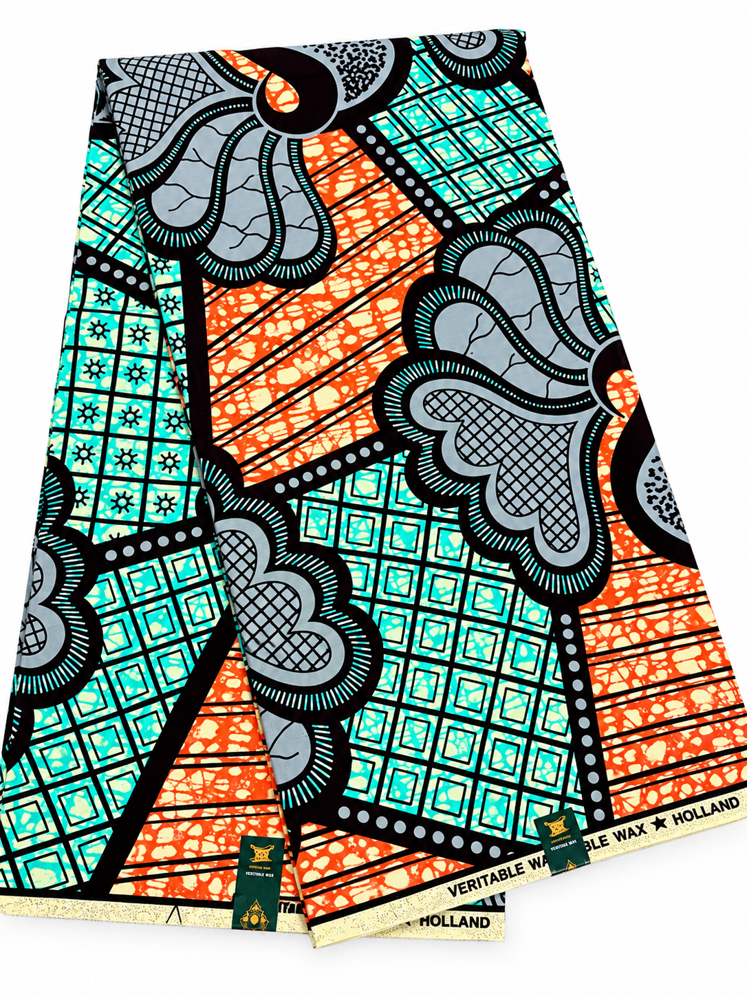 Orange, Turquoise & Gray African Print Fabric – Bold Abstract Ankara | 6 Yards