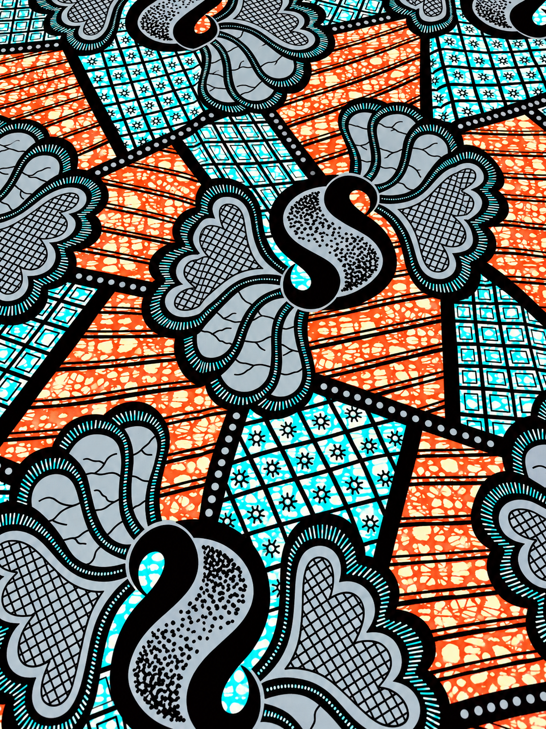 Orange, Turquoise & Gray African Print Fabric – Bold Abstract Ankara | 6 Yards