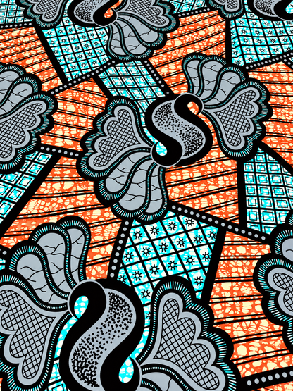 Orange, Turquoise & Gray African Print Fabric – Bold Abstract Ankara | 6 Yards
