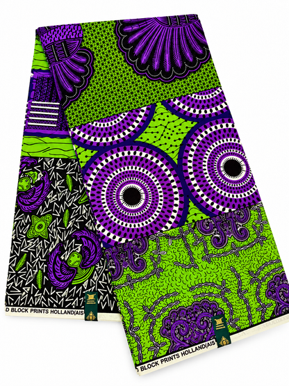 Lime Green & Purple African Print Fabric – Multi-Pattern Ankara Wax Print | 6 Yards