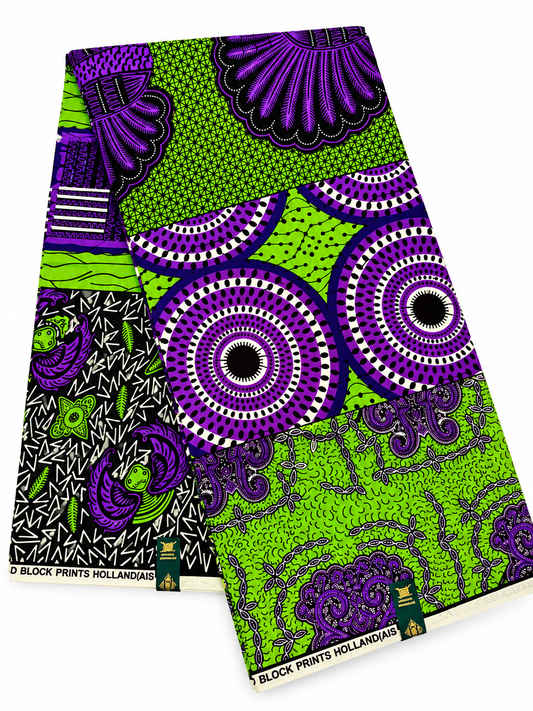 Lime Green & Purple African Print Fabric – Multi-Pattern Ankara Wax Print | 6 Yards
