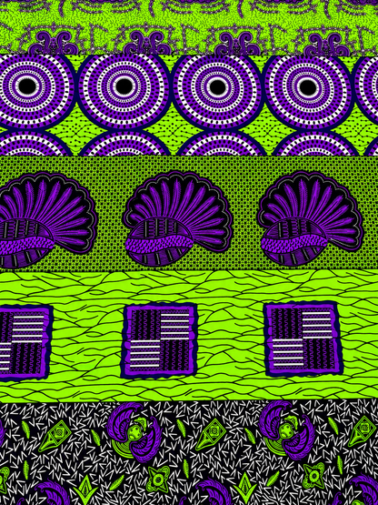Lime Green & Purple African Print Fabric – Multi-Pattern Ankara Wax Print | 6 Yards