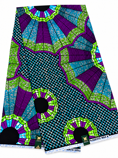 Purple, Blue & Lime Green African Print Fabric – Circular Ankara Wax Print | 6 Yards