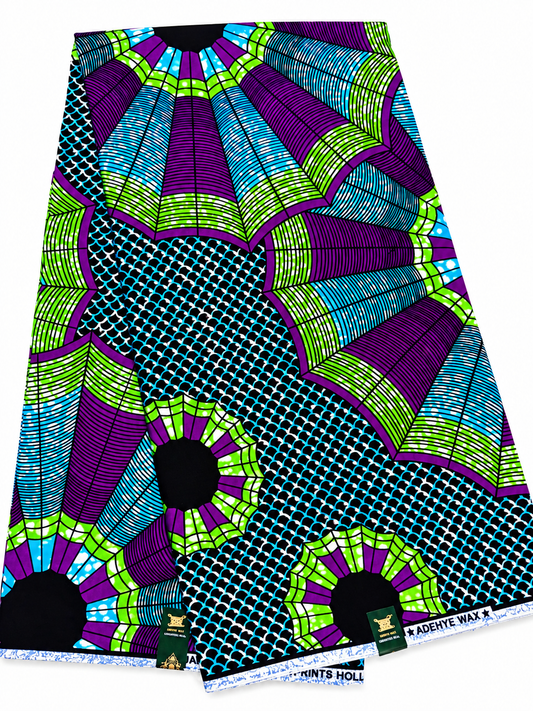 Purple, Blue & Lime Green African Print Fabric – Circular Ankara Wax Print | 6 Yards