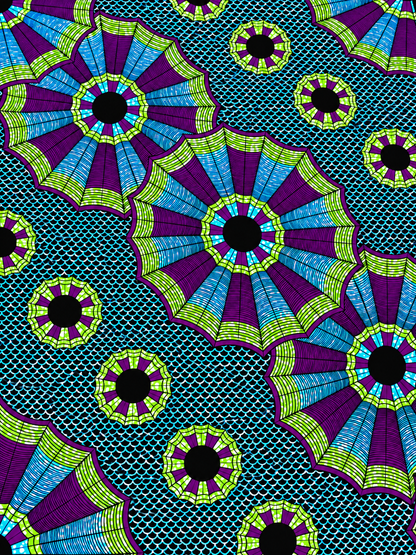 Purple, Blue & Lime Green African Print Fabric – Circular Ankara Wax Print | 6 Yards
