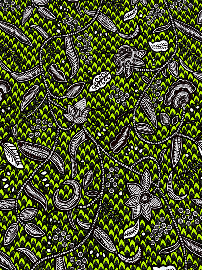 Lime Green & Black Floral African Print Fabric – 6 Yards, 100% Cotton Ankara.